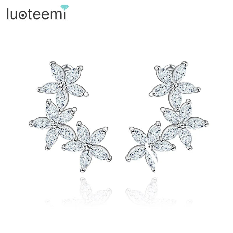 LUOTEEMI Wholesale Luxury White Pure Marquise Cut Diamond Cubic Zirconia Lovely 3pcs Flower Stud