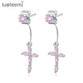 LUOTEEM Fashion Flower Korea Women Earrings  a AA CZ Stud Long Earrings Detachable Cherry Blossoms Pink Earring