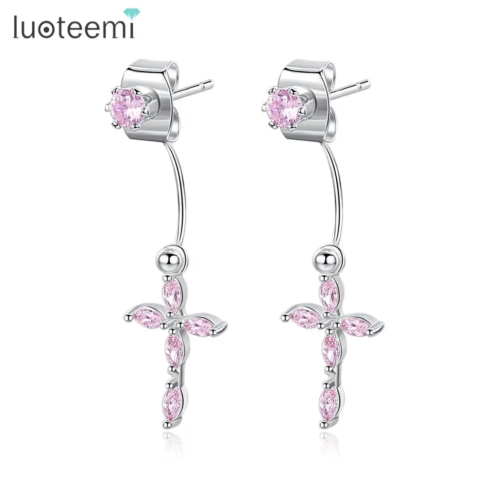 LUOTEEM Fashion Flower Korea Women Earrings  a AA CZ Stud Long Earrings Detachable Cherry Blossoms Pink Earring