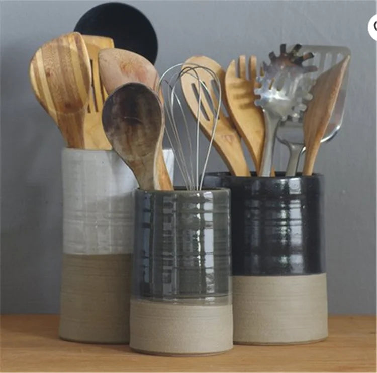 Japanese Style Ceramic Kitchen Cooking Utensil Holder Grey Pottery Chopstick Cutlery Holder