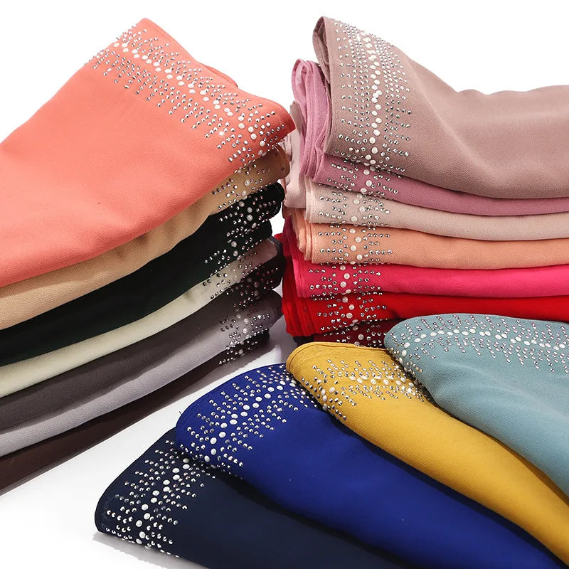 Lady Popular Plain Bubble Chiffon Muslim  Hijab With Diamond Women Head Wraps Shawls Scarf