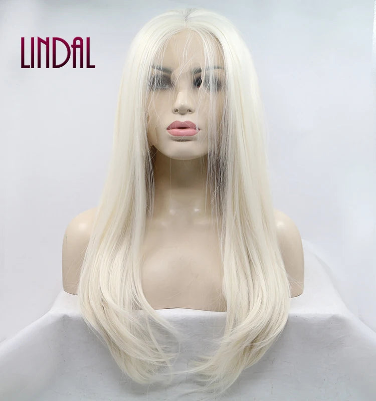 LINDAL Platinum Blonde Glueless Synthetic Hair Lace Front Wigs Long Natural Straight Half Hand Tied Replacement Wig for Women