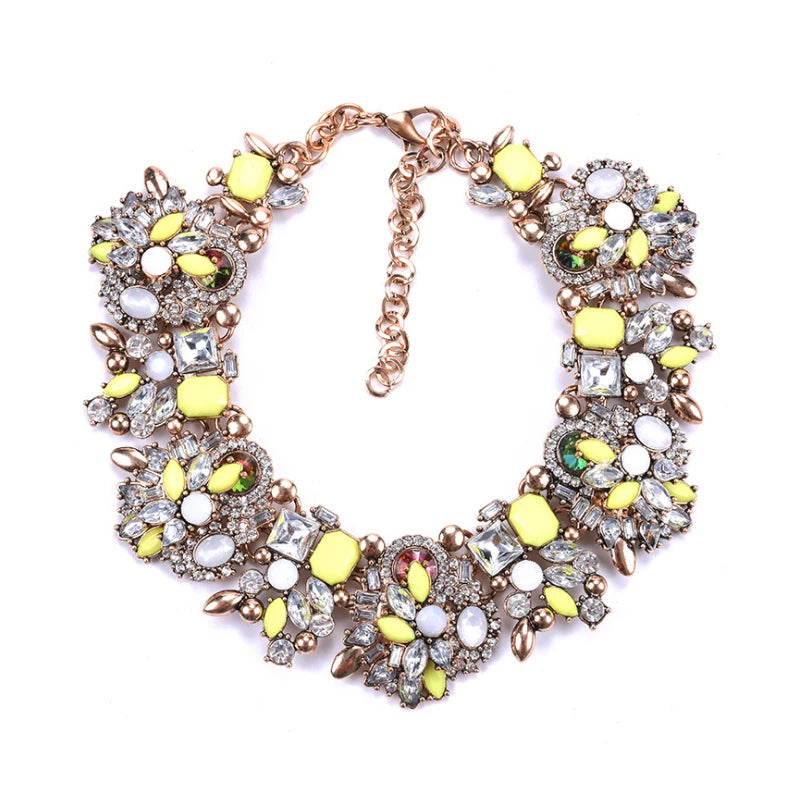 Europe Luxury Boho Gold Chain Multi Color Garment Accessory Crystal Bib Rhinestone Statement Necklace for Gifts