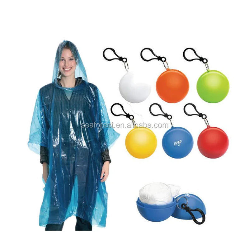PE Transparent Rain Poncho with a Plastic Balldisposable Hooded Rainwareone Time Use Waterproof Raincoat