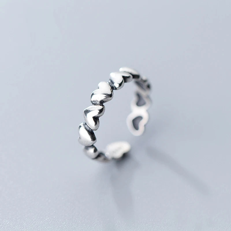 100% Real Solid 925 Sterling Silver Heart With Heart Women Adjustable Finger Rings Wholesale