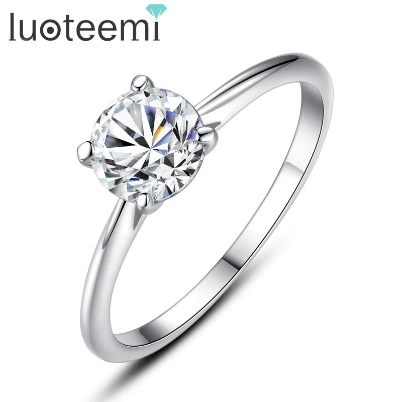 LUOTEEMI Zircon Stone Ring Engagement 7MM S925 Silver Ring Wedding CZ Diamond Engagement Ring