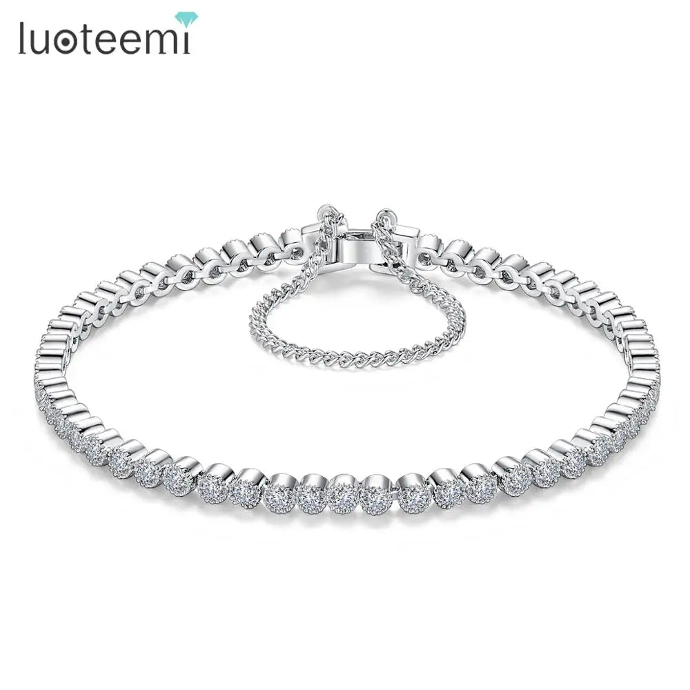 LUOTEEMI Women Wedding Jewellery Clear Cubic Zirconia Round Stone Metal Chain Fashion Tennis Design Bracelets