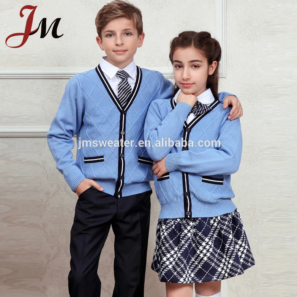 OEM School Cardigan Sweater Unique Knitting Pattern Plain Sky Blue Customize Button up Beautiful School Sweater Cardigan