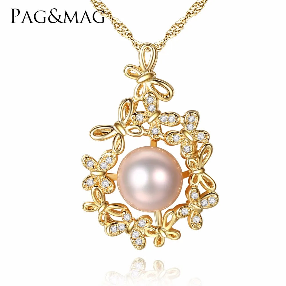 PAG&MAG Austrian Crystal Jewelry Wholesale Butterfly Shape Necklace Fashion Freshwater Pearl Flower Necklace