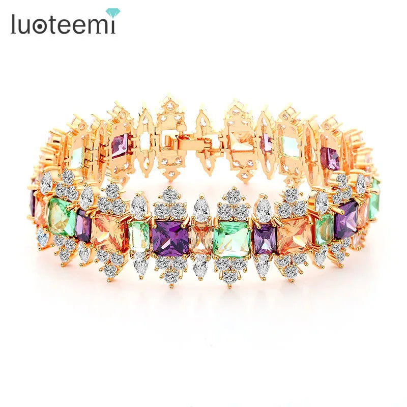 LUOTEEMI New Luxury Champagne Gold Plated Fancy Multi a AA Cubic Zirconia Diamond Women Bracelet Bangles