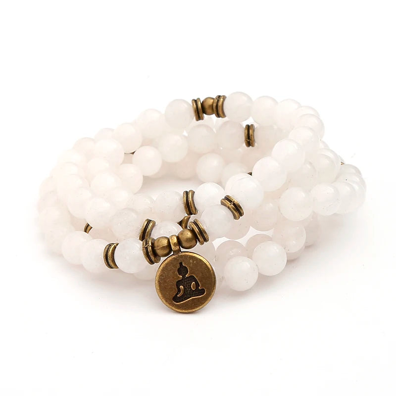 Natural White Chalcedony Stone Bracelet Charm Wrists 108 Mala Prayer Buddha Yoga Beads Bracelet