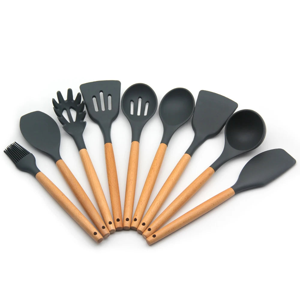 Modern Premium YF Kitchen Utensil Set 9 Pieces Food Grade Silicone & Beech Wood Non-Stick Cookware for Family Use