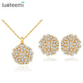 LUOTEEMI Luxury Women Ideal Christmas Gift 18K Champagne Gold Cubic Zircon Big Flower Necklace Earrings Set Gold Plated