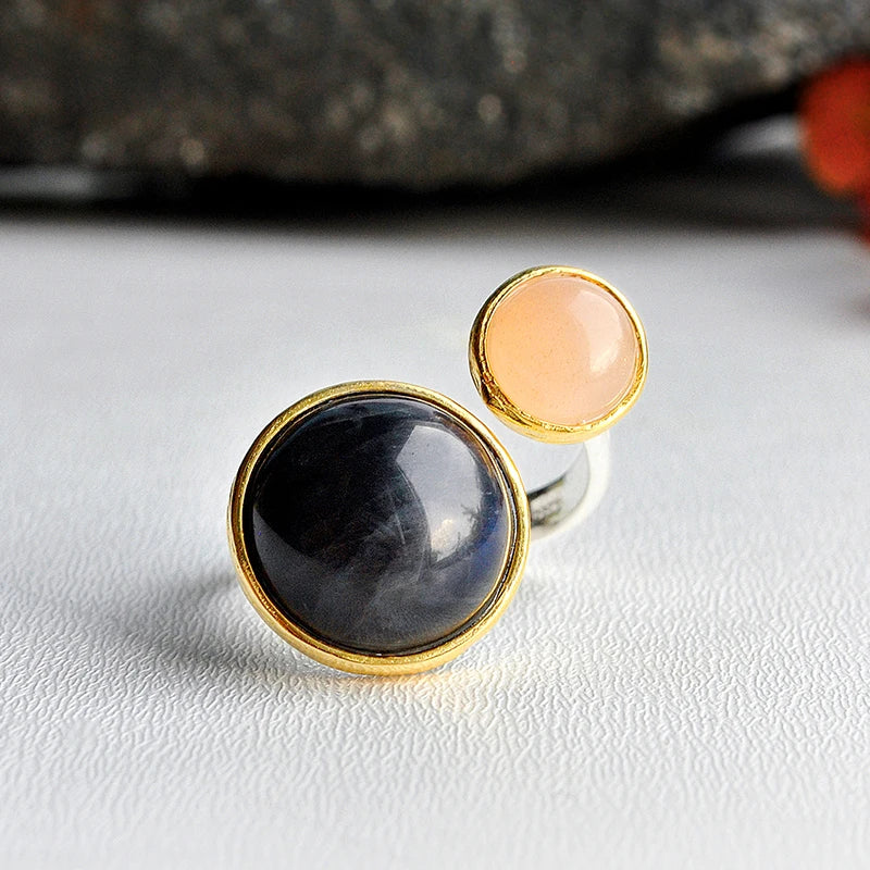 Lotus Fun 925 Sterling Silver 18k Gold Plated Natural Labradorite Handmade Ring New Trendy Fine Jewelry