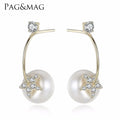 Pag&Mag Brand Bling Bling Silvery Star Shape Stud Earing With 9mm Pearl Hook Shape Earring for Women Party Gift