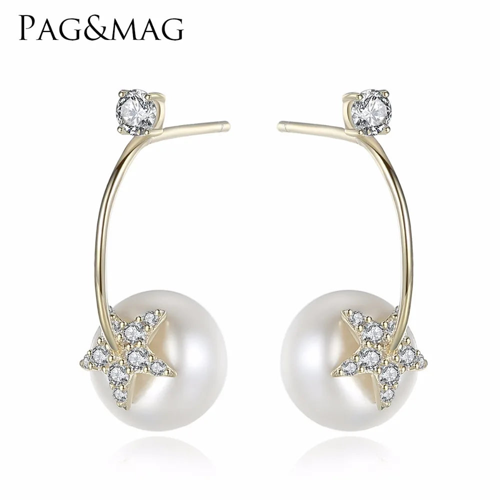 Pag&Mag Brand Bling Bling Silvery Star Shape Stud Earing With 9mm Pearl Hook Shape Earring for Women Party Gift
