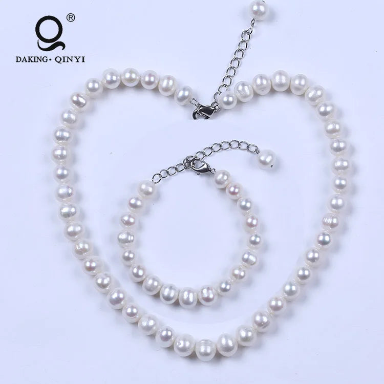 Simple Sterling Sliver Plated Real Freshwater Potato Pearl Necklace Jewelry Set