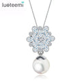 LUOTEEMI Stock Wholesale Fashion a AA Zircon Flower With Pearl Drop Pendant White Gold Chain Necklace for Women