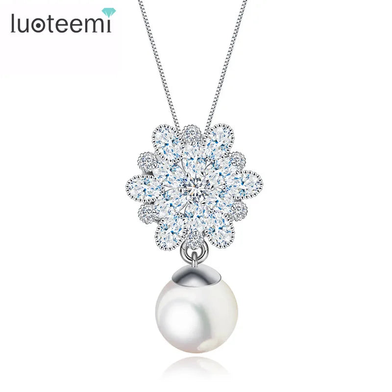 LUOTEEMI Stock Wholesale Fashion a AA Zircon Flower With Pearl Drop Pendant White Gold Chain Necklace for Women