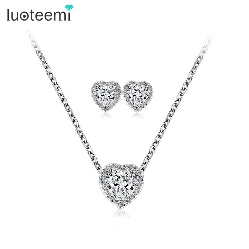 LUOTEEMI Wholesale Romantic Fashion Cheap Sparkling Cubic Zircon Paved Women Girls Love Heart Shape Stud Earrings Necklace Set