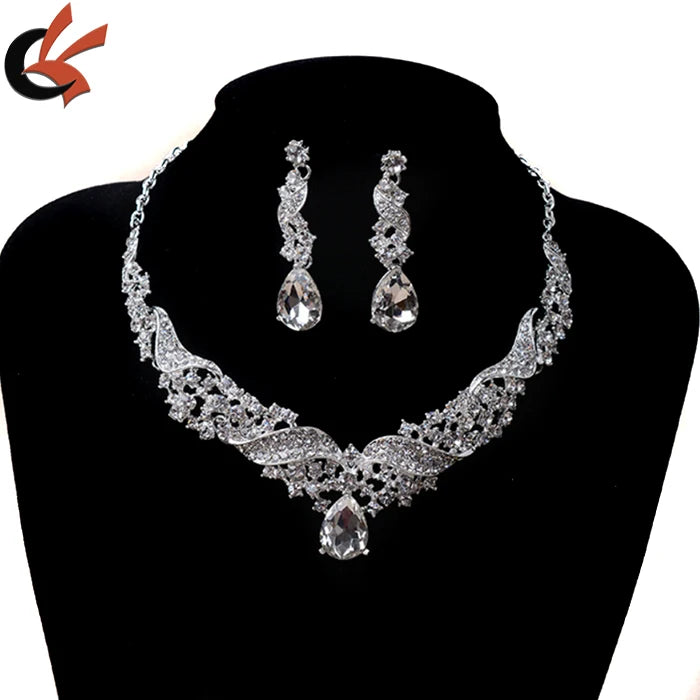 Vintage Style Sparkly Rhinestone Necklace and Earring Jewelry Set for Wedding Party or Engagement