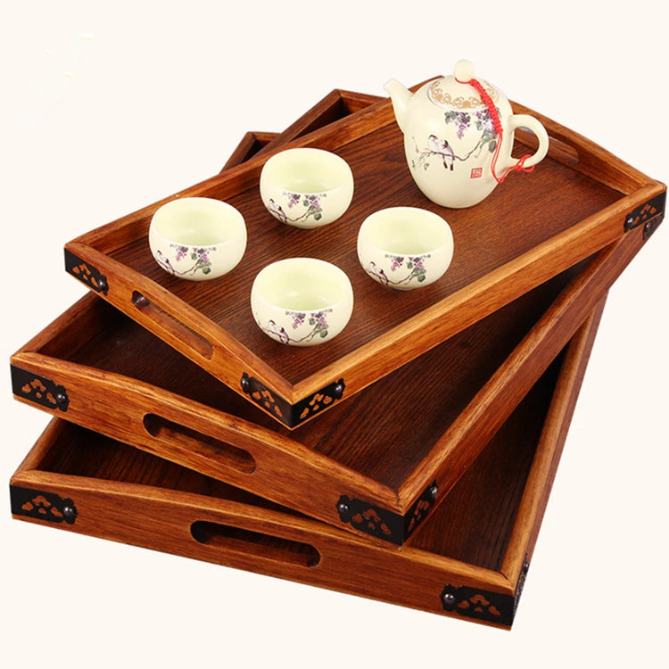 Wholesale Biodegradable Eco-Friendly Classical Handmade Hotel 44cm Wood Large Food Grade Serving Tray with Handle