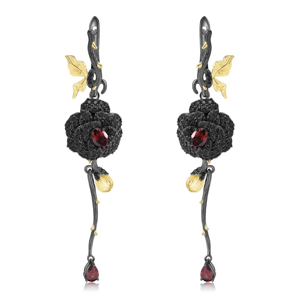 C7630 Abiding Garnet Rose Long Earring Simple Design Sterling Silver 925  Fashion Earrings for Women