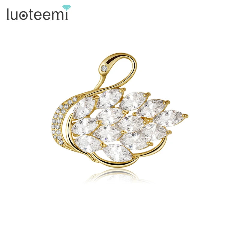 LUOTEEMI Morden Design Rhodium White Gold Plated CZ Crystal Swan Fancy Women Wedding Brooch