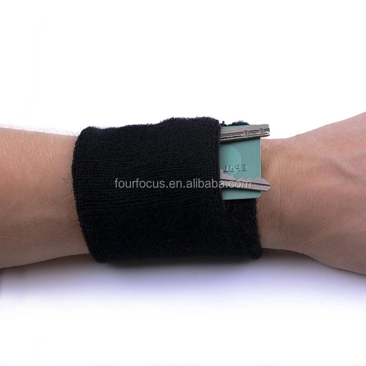 Sports Waterproof Cotton Wristband with Zipper Pocket Dry Grip Thin Thickness Adjustable Size-Cheap Charity Sweatband