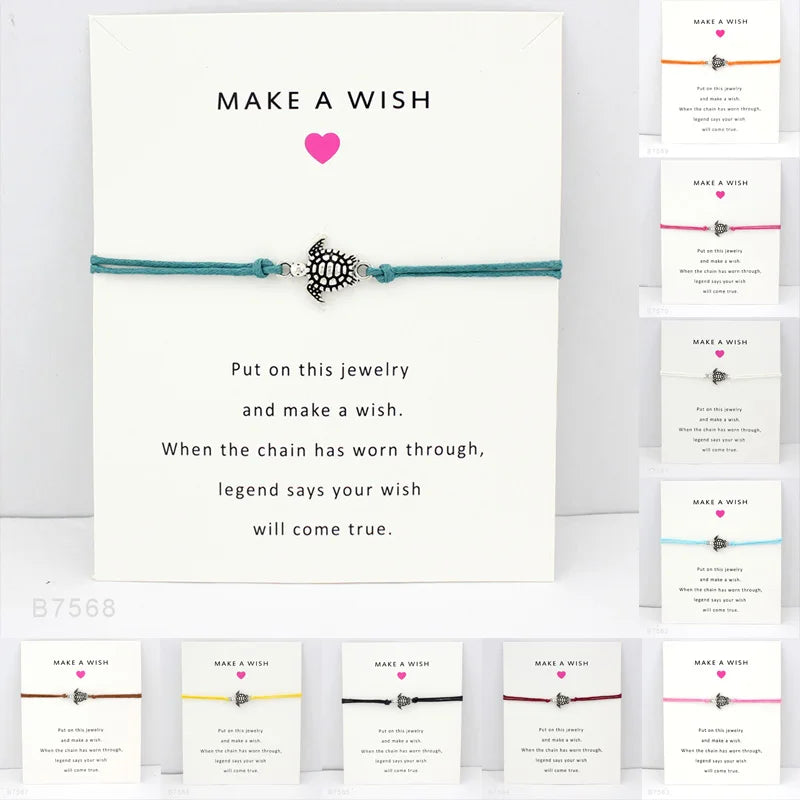 Adjustable Green Sea Turtle Animal Charm Make a Wish Card Handmade Fashion Bracelets