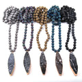 Fashion Women Ethnic Necklace Bohemian Tribal Jewelry Multi Lava Stones Long Knotted Natural Oval Druzy Pendant Necklace