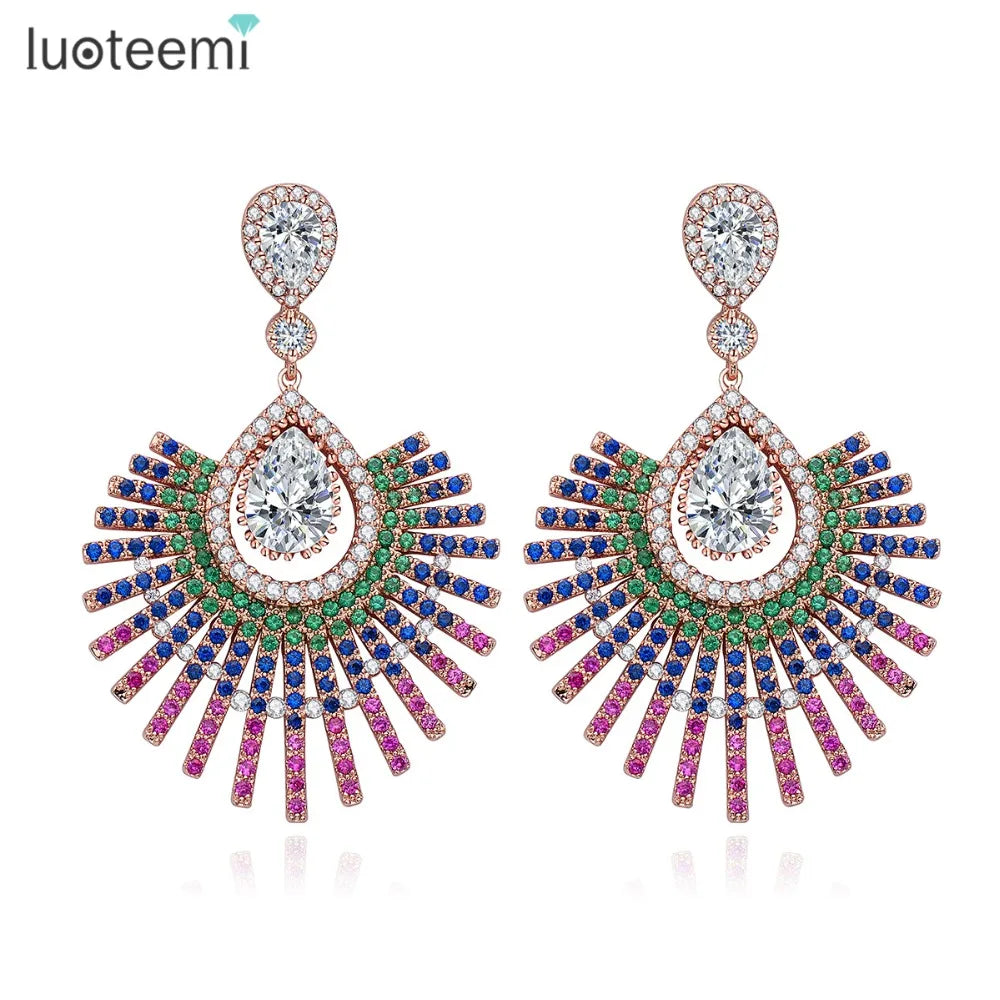 LUOTEEMI 3 Colors Trendy Fashion Shiny Full Multi Zircon Micro Paved Vintage Women Christmas Brincos Drop Earrings