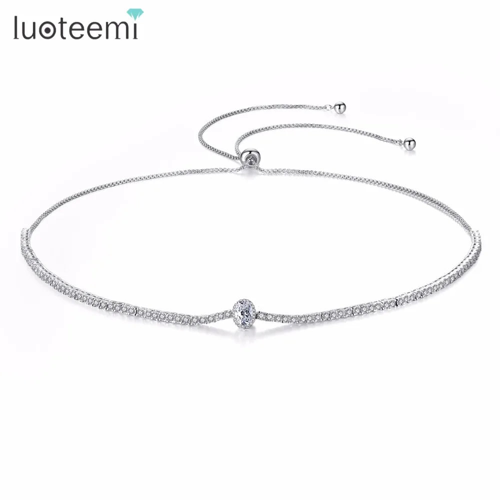 LUOTEEMI New Fashion Silver Tone Clear Cubic Zirconia Bridal Wedding Party Tennis Chokers for Women Jewellery Necklaces