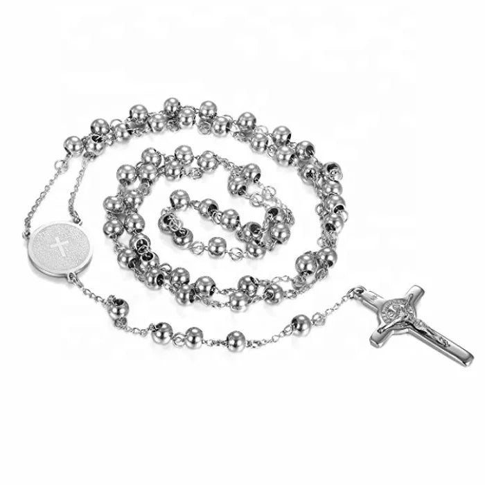 Christian Religious Stainless Steel 6mm Blessed Bead Jesus Bible Deep Engrave Rosary Catholic Choker Necklace Link Chain