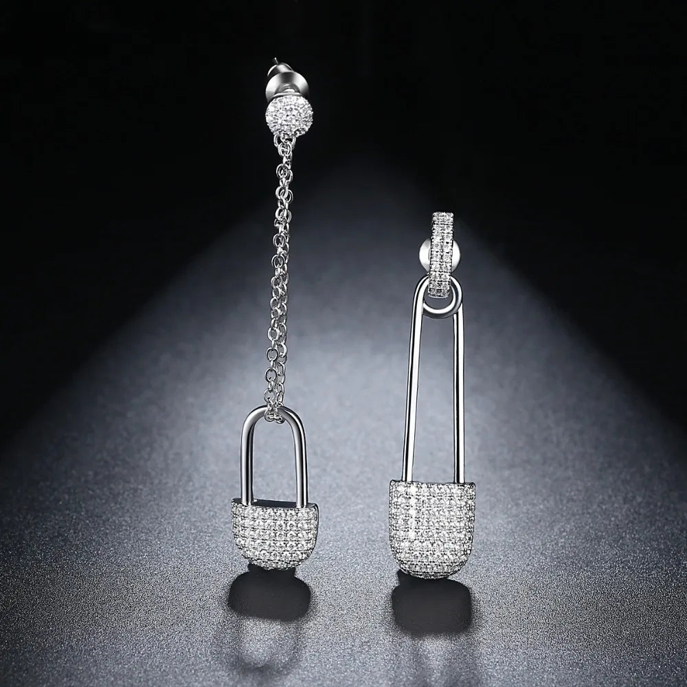 LUOTEEMI Shining Clear Micro Paved Cubic Zirconia Long Asymmetrical Pin Earrings for Women Hot Fashion Crystal Brincos Bijoux