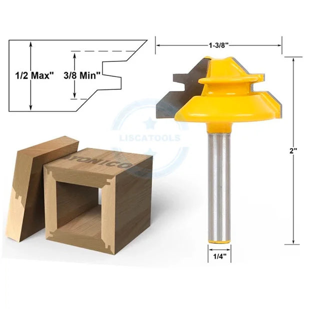 L-N017-1 1Pc Medium1/4 Shank 45 Degree Lock Miter Router Bit 1-3/8 Diameter Wood Cutter for Wood Working Drilling
