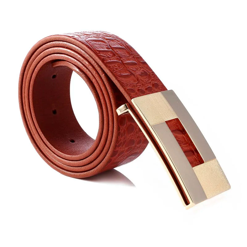 Luxury Premium Quality Stock Brown Color Custom Plate Buckle Pure Full Grain Men's Belt Crocodile Cow Hide Genuine Leather Belt