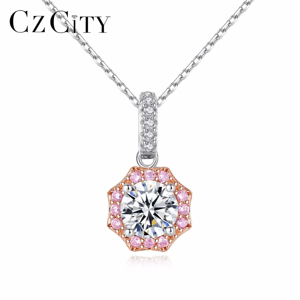 CZCITY New Arrival Fancy Colorful Flower Shaped 925 Silver Pendant Necklace Mounting Clear-pink CZ Stone for Women Party Gift