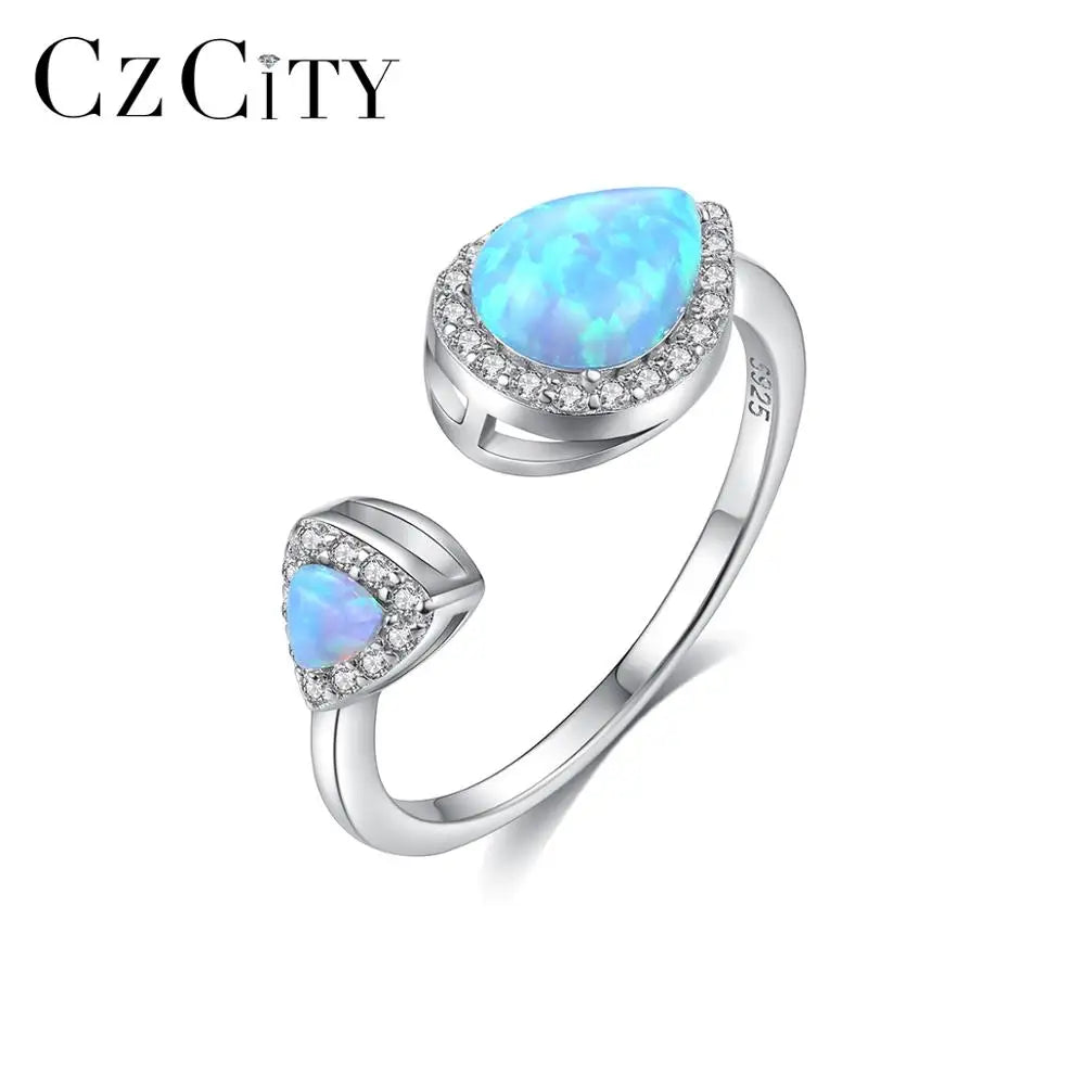 CZCITY Delicate Waterdrop Fire Opal Open Rings for Women S925 Luxury Jewelry Gifts