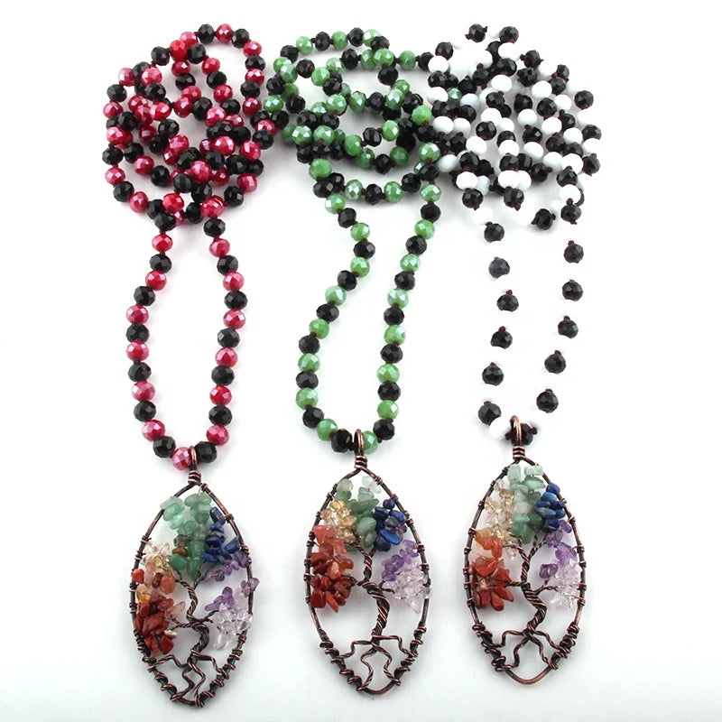 Fashion Bohemian Jewelry Glass Crystal Long Knotted Handmade Necklaces 7 Chakra Life Pendant Women Ethnic Necklace Dropship