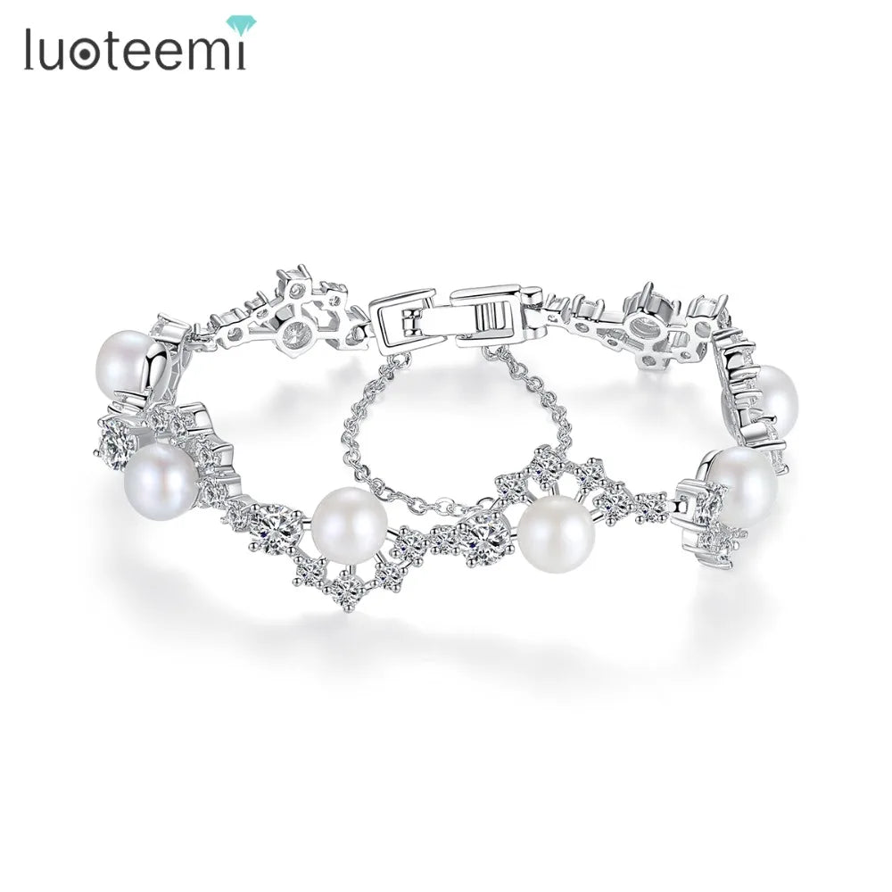 LUOTEEMI Freshwater Pearl Wedding Bridal Bracelet with Cubic Zirconia Crystal Rhinestones Bangles for Women
