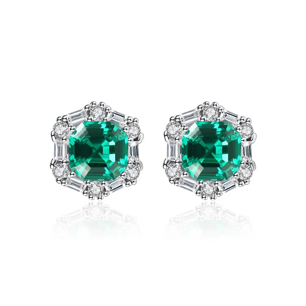 CZCITY Luxury Sterling Silver Emerald Earrings Big Square Green Gemstone Women Stud Earring Jewelry