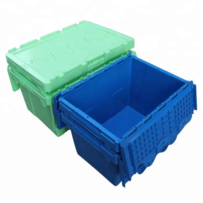 Warehouse Plastic Moving Crate Nestable Storage Attached Lid Containers Round Trip Tote Logistic Box for Transport