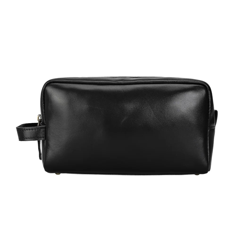 TIDING Large Capacity Custom Black Fashion Men Cowhide Travel Shaving Bags Genuine Leather Cosmetic Pouch for Men