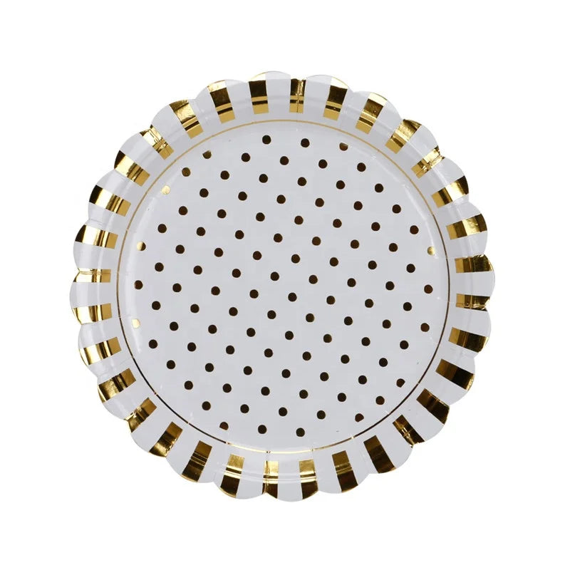 Classical Hot Sell  Disposable 250gsm  9 Inch Gold Stripes and Dots Paper Plates