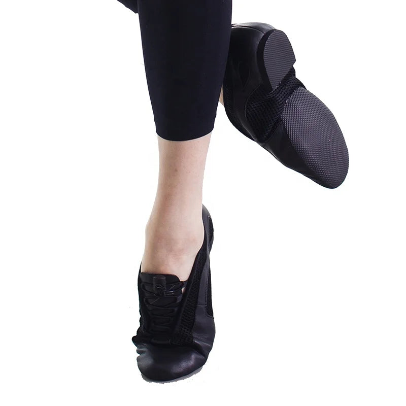 JW Breathable Mesh Leather Dance Jazz Shoes Black Adult Cotton Lining