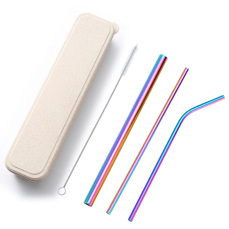 3PCS Stainless Steel Metal Drinking Straw Set Reusable Straws Cleaning Brush With Box