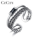 CZCITY Black CZ Popular Black Punk Cuff 925 Adjustable Finger Layered Cz Sterling Silver Ring