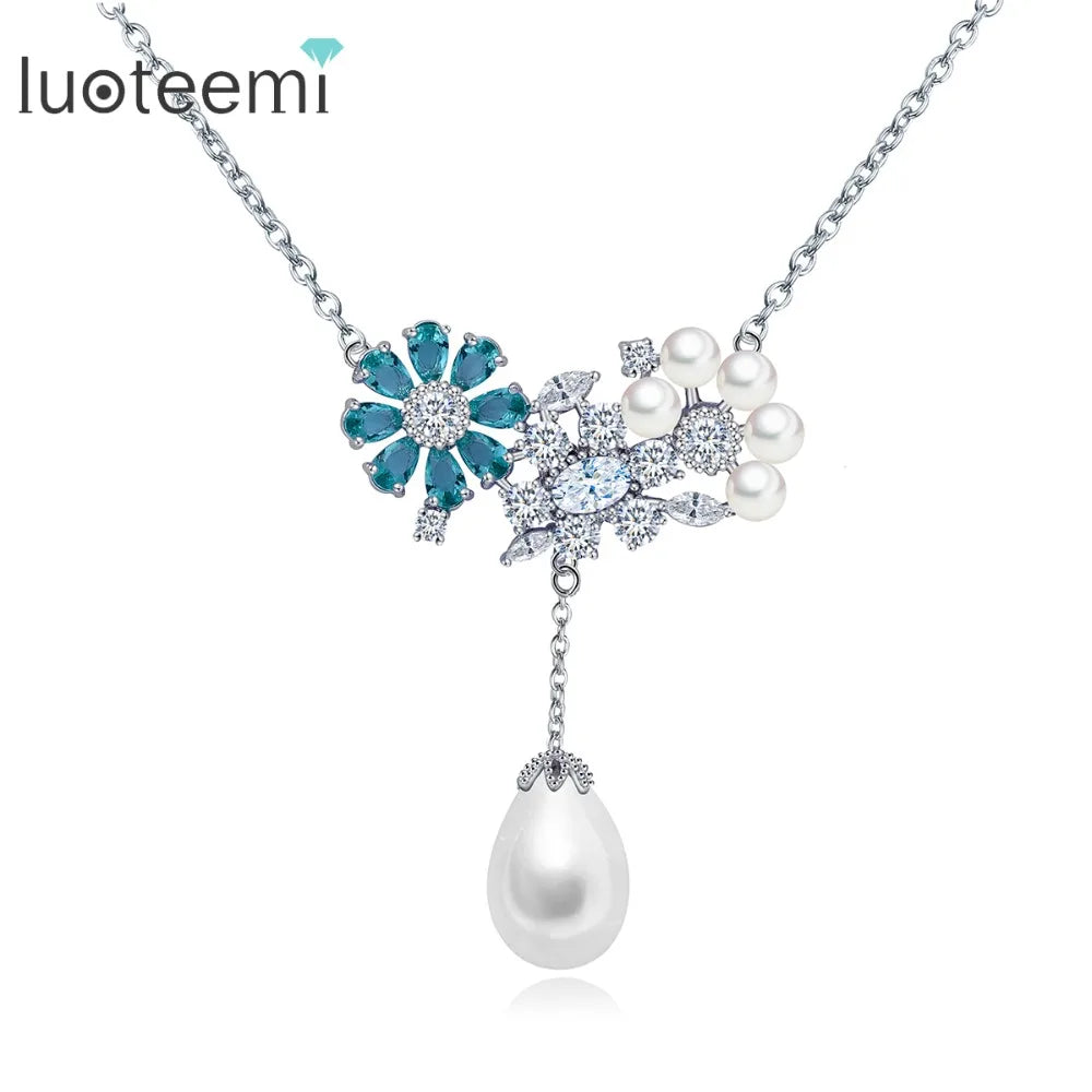 LUOTEEMI New Fashion Women's CZ Diamond Flower Statement Waterdrop Imitated Pearl Drop Pendant Necklace for Women