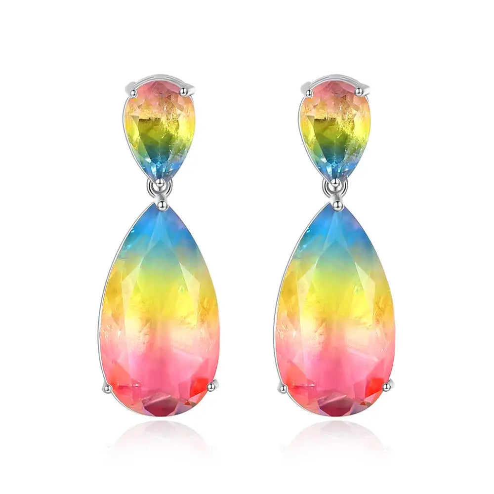 LUOTEEMI Women Gift Gemstone Real Gold Plated Earring New Design Colorful Big Crystal CZ Dangle Drop Earrings
